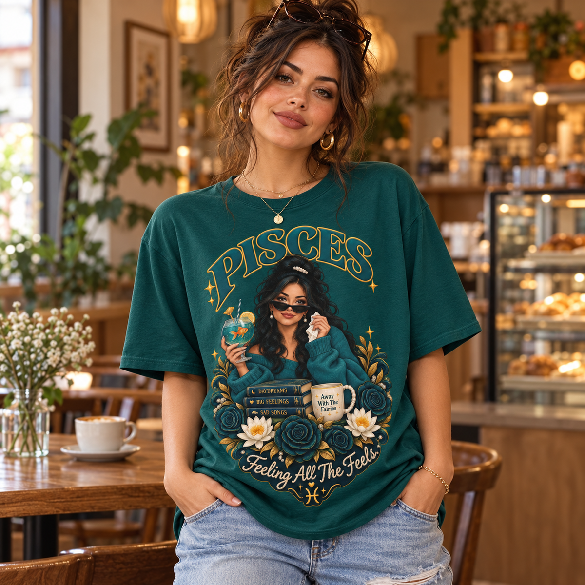 Pisces Feeling All the Feels Women's T-Shirt – Dark in Fan Marine Green, model indoors in a warm stylish cafe
