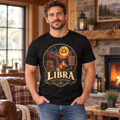 Libra Balanced Never Broken Men's T-Shirt in Black, model inside a cosy cottage living room