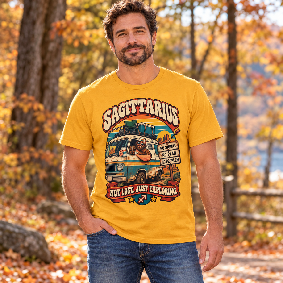 Sagittarius Not Lost Just Exploring Men's T-Shirt in Gold, model outdoors in an autumn woodland park