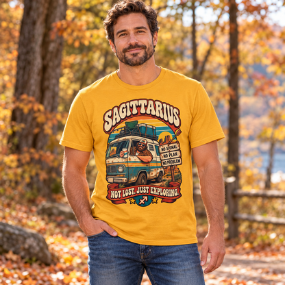Sagittarius Not Lost Just Exploring Men's T-Shirt in Gold, model outdoors in an autumn woodland park