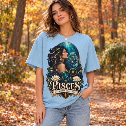 Pisces Deep Waters Gentle Soul Women's T-Shirt – Dark in Light Blue, model outdoors in an autumn woodland park