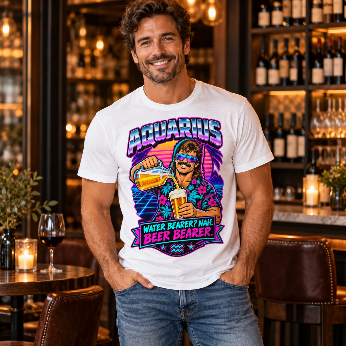 Aquarius Water Bearer? Nah. Beer Bearer Men's T-Shirt, model wearing the original design in a classy wine bar indoors.
