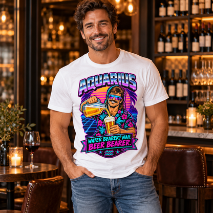 Aquarius Water Bearer? Nah. Beer Bearer Men's T-Shirt, model wearing the original design in a classy wine bar indoors.