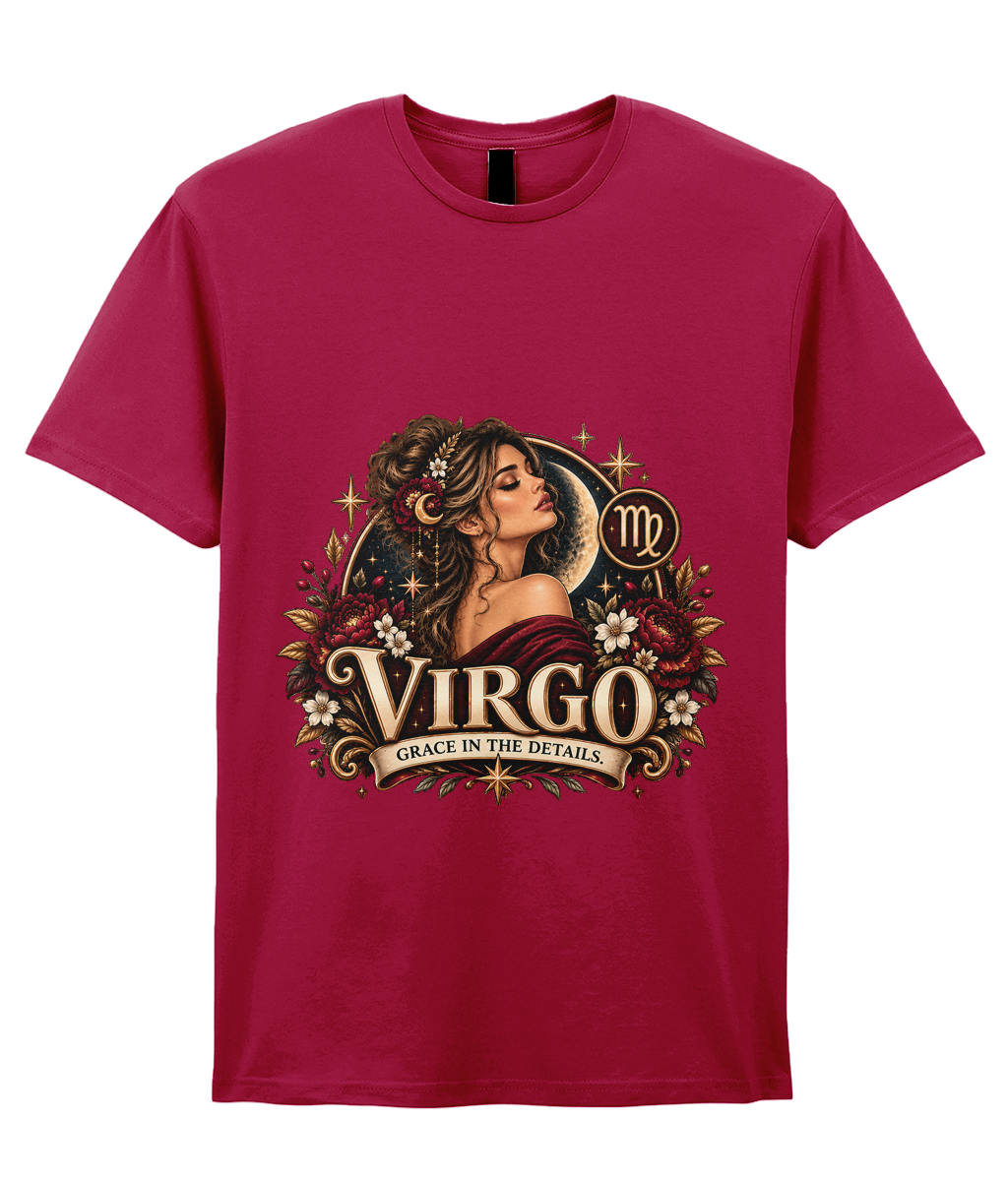 Virgo Grace in the Details Women's T-Shirt – Burgundy in Antique Cherry – front view of the Virgo graphic print