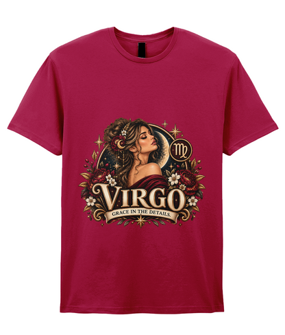 Virgo Grace in the Details Women's T-Shirt – Burgundy in Antique Cherry – front view of the Virgo graphic print