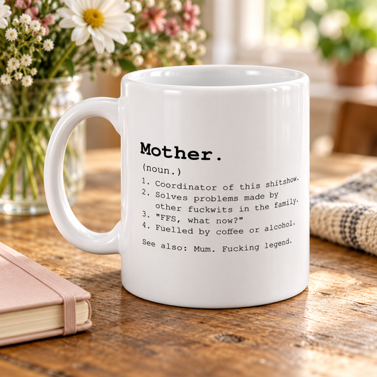 Mother Definition – Funny Mum Mug in a styled lifestyle setting
