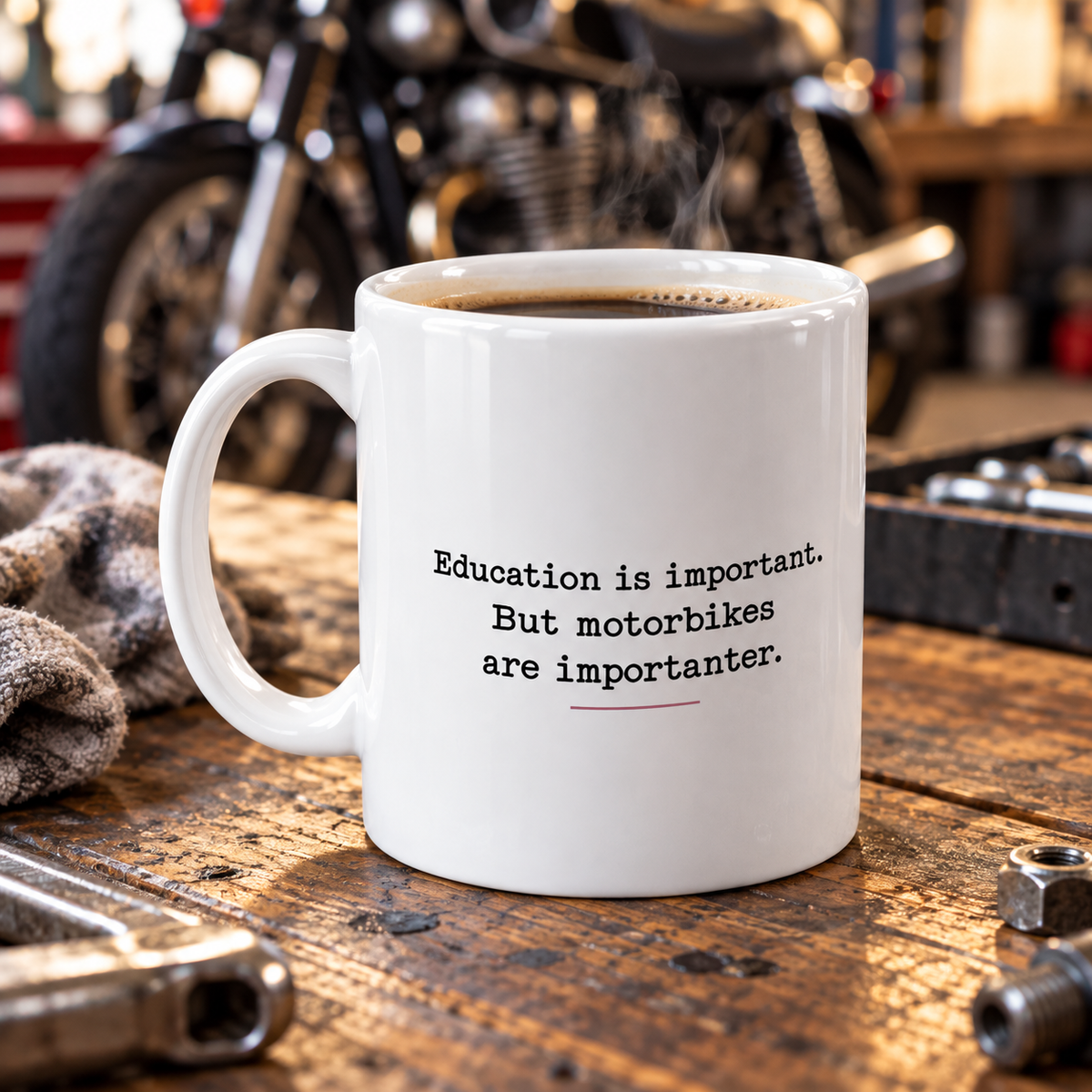 Motorbikes Are Importanter Funny Mug in a styled lifestyle setting