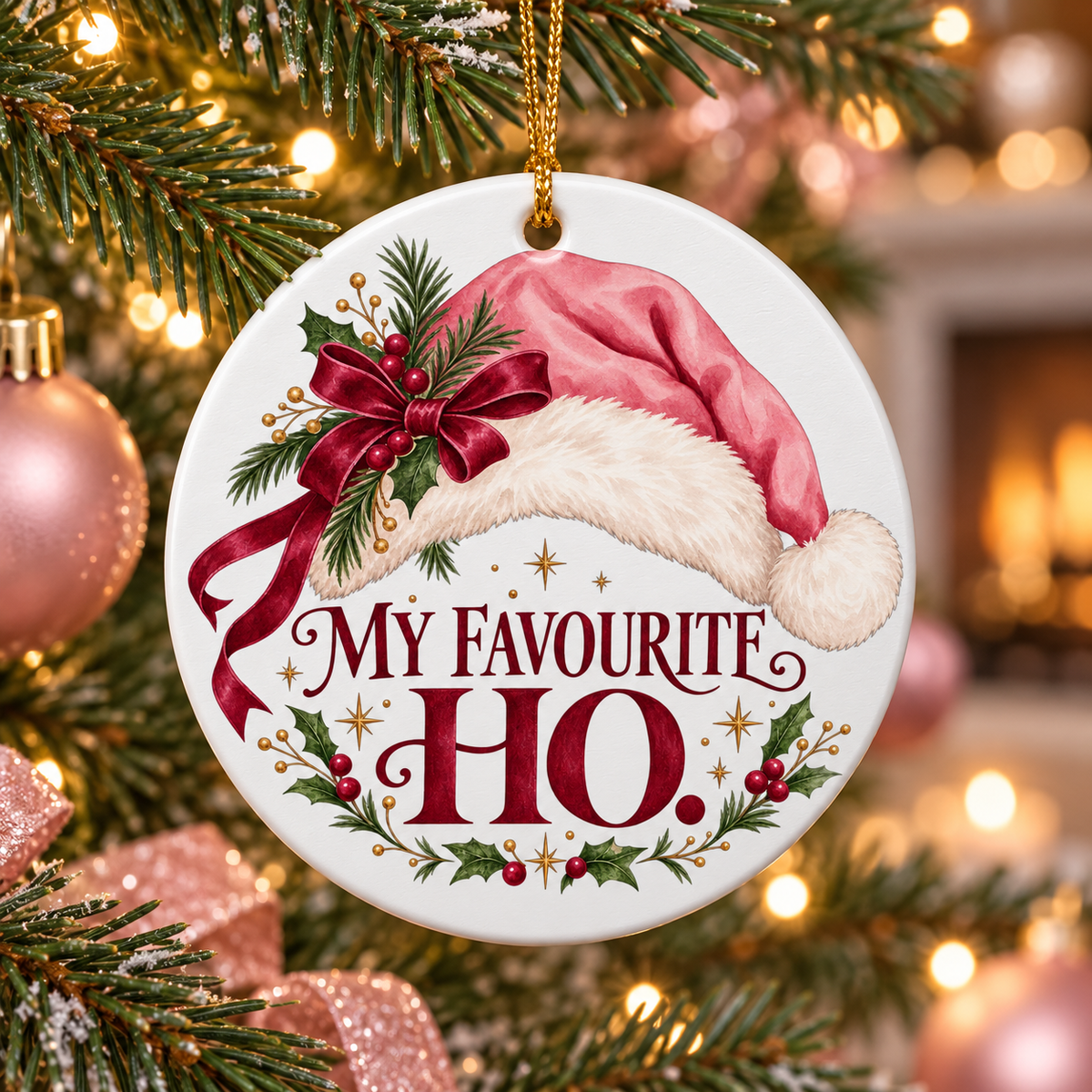 My Favourite Ho Ceramic Christmas Ornament in a styled lifestyle setting