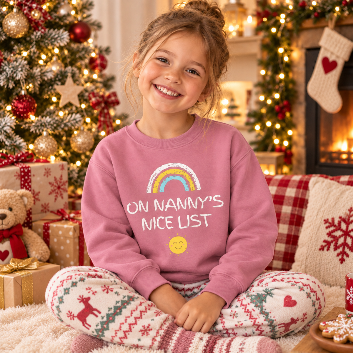 Girl wearing Dusty Pink On Nanny's Nice List Christmas sweatshirt by the tree
