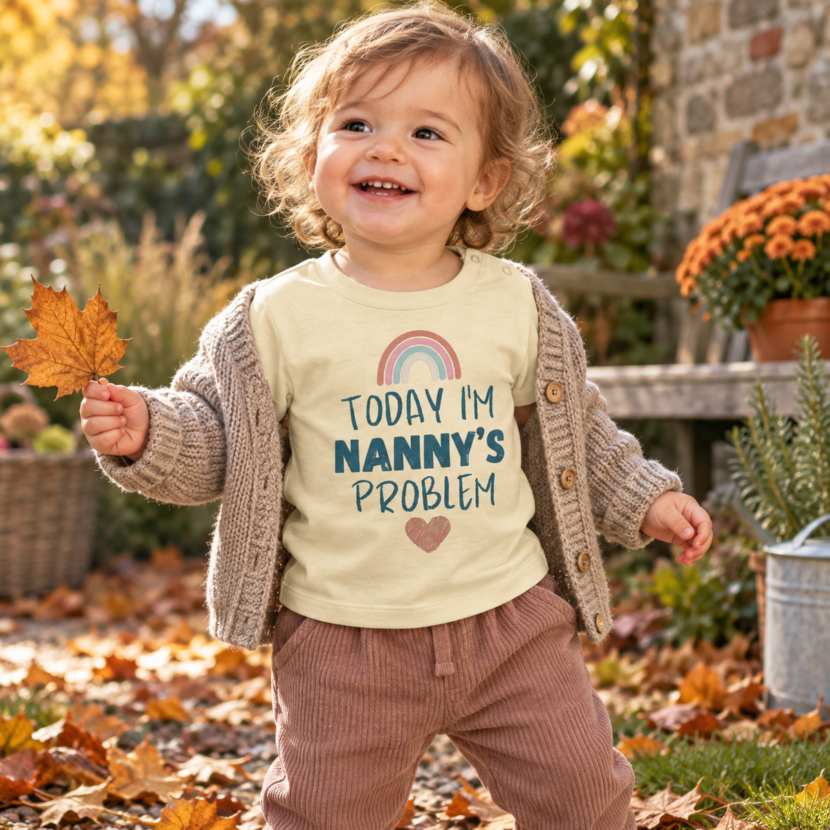 Baby wearing Butter Today I'm Nanny's Problem rainbow T-shirt