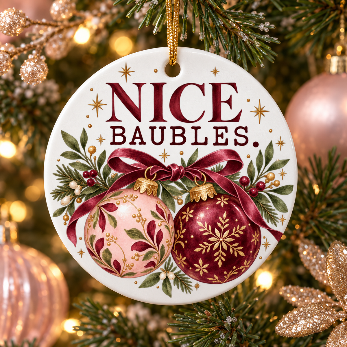 Nice Baubles Ceramic Christmas Ornament in a styled lifestyle setting