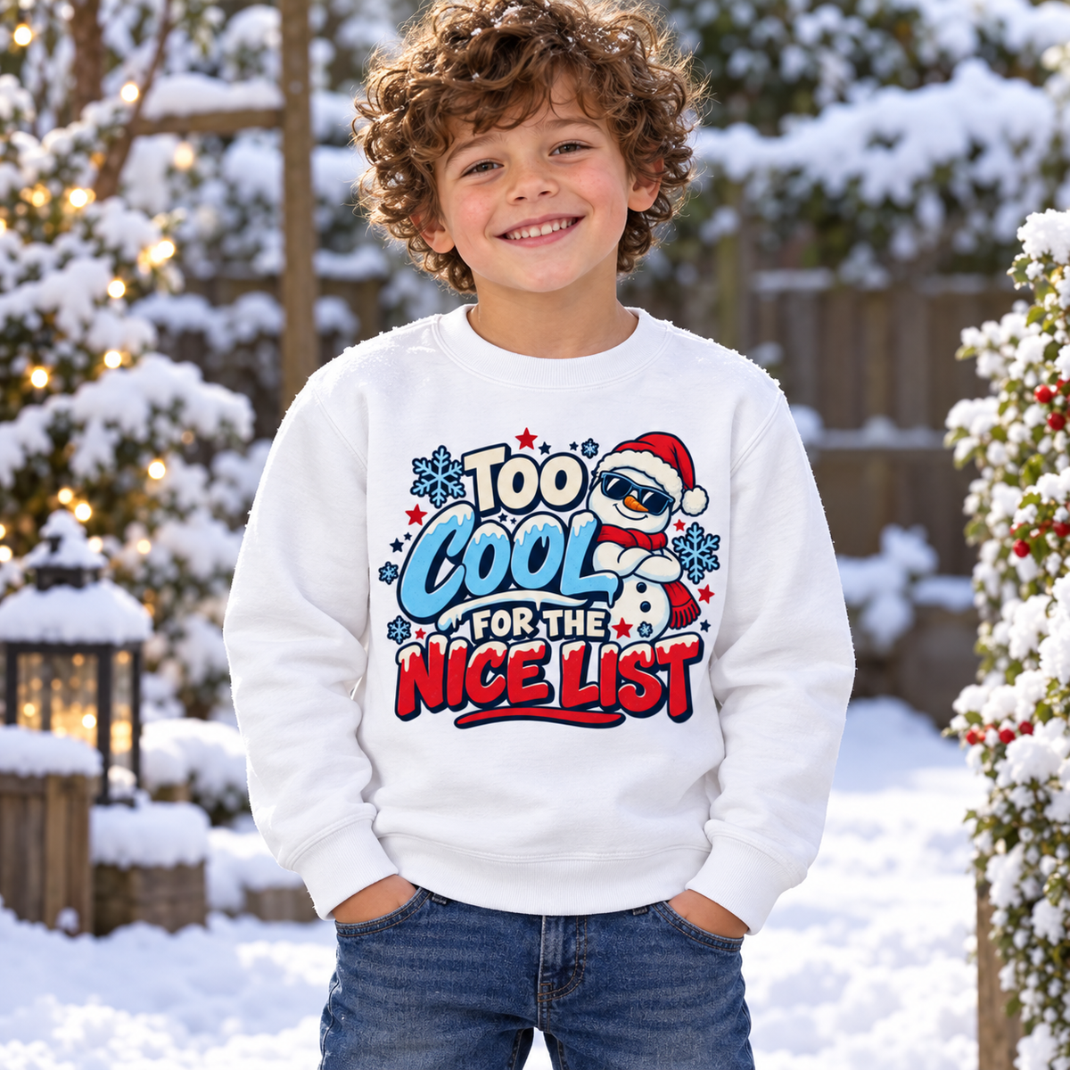 Too Cool for the Nice List Boys' Christmas Sweatshirt in Arctic White – updated Christmas lifestyle photo
