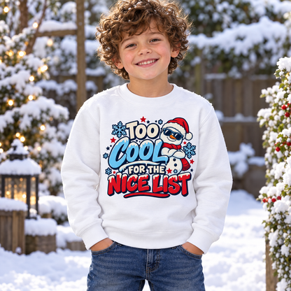 Too Cool for the Nice List Boys' Christmas Sweatshirt in Arctic White – updated Christmas lifestyle photo