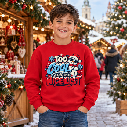 Too Cool for the Nice List Boys' Christmas Sweatshirt in Fire Red – updated Christmas lifestyle photo