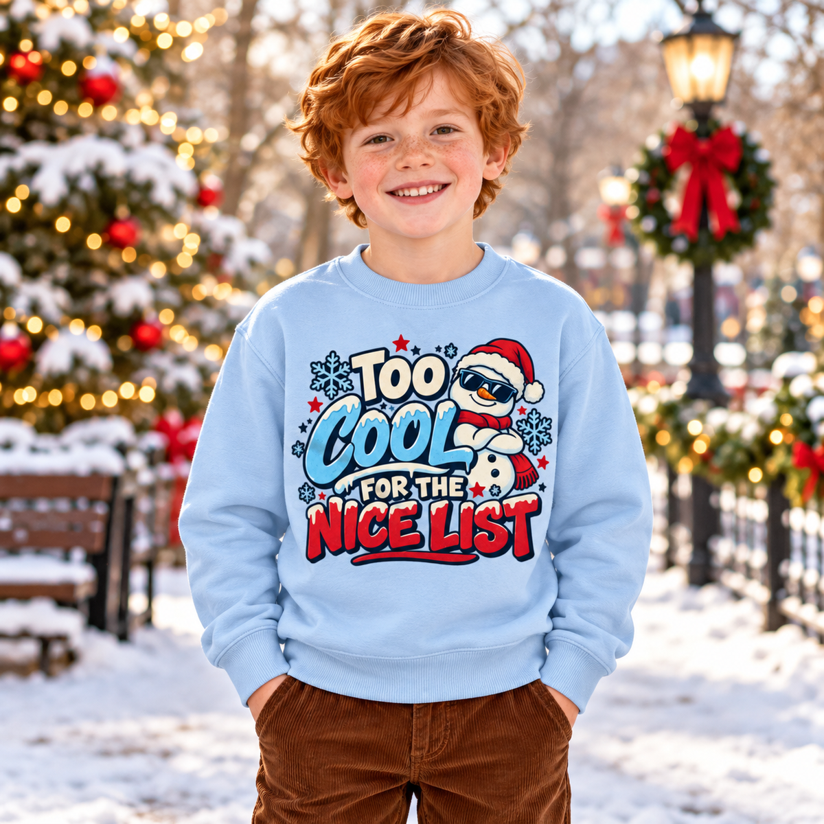 Too Cool for the Nice List Boys' Christmas Sweatshirt in Ice Blue – updated Christmas lifestyle photo