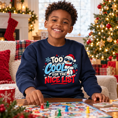 Too Cool for the Nice List Boys' Christmas Sweatshirt in Oxford Navy – updated Christmas lifestyle photo