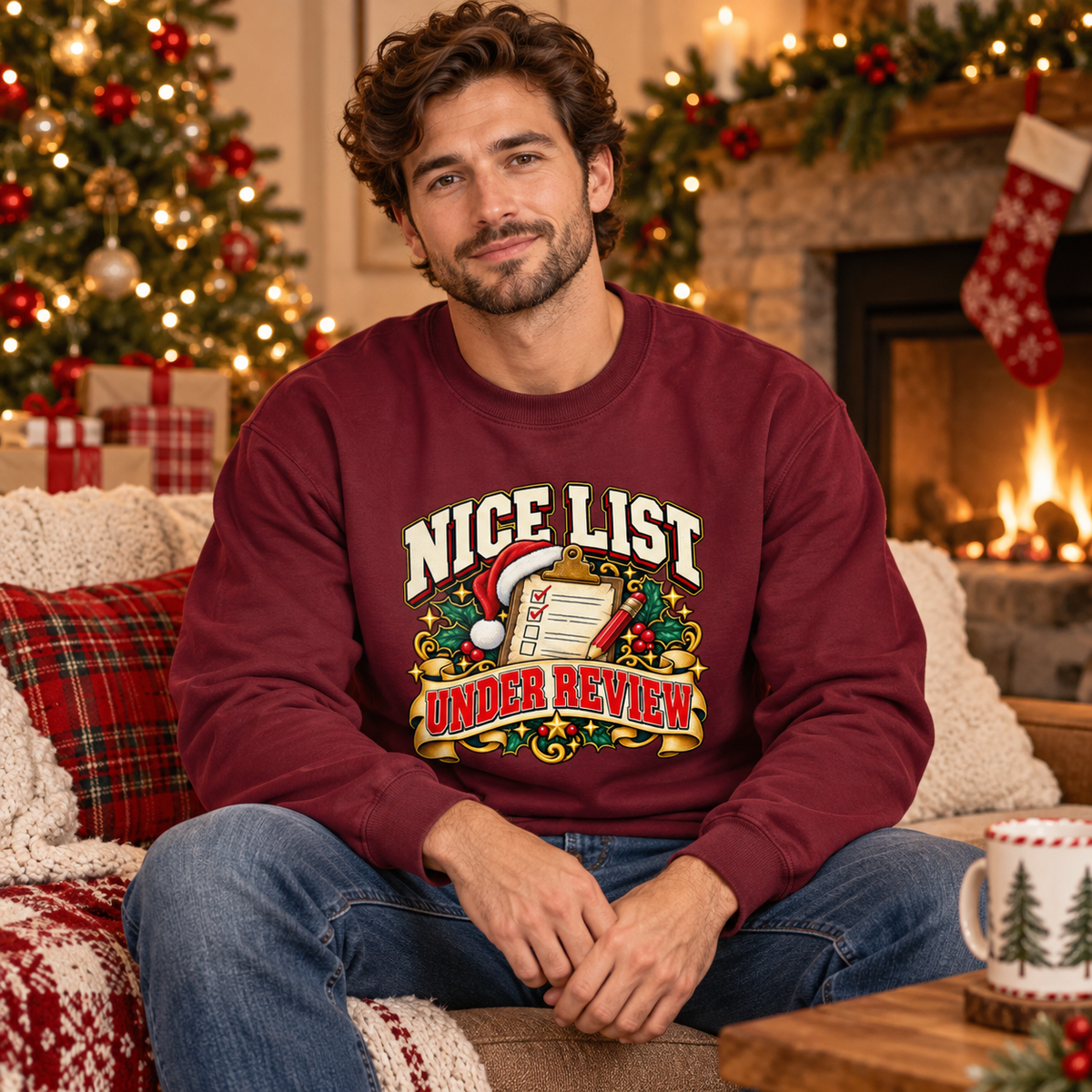 Nice List Under Review Mens Christmas Sweatshirt in Burgundy – men's Christmas sweatshirt lifestyle photo