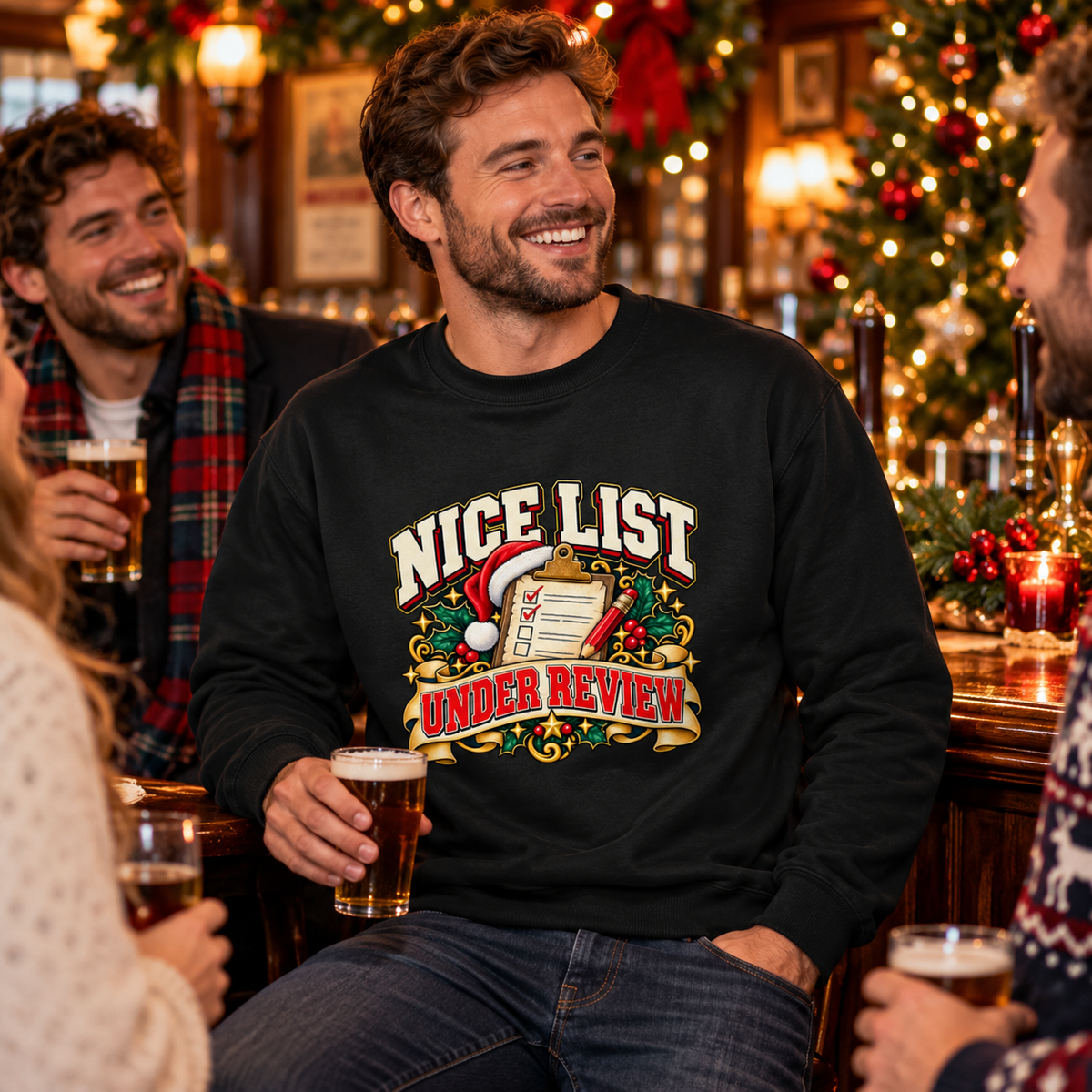 Nice List Under Review Mens Christmas Sweatshirt in Jet Black – men's Christmas sweatshirt lifestyle photo