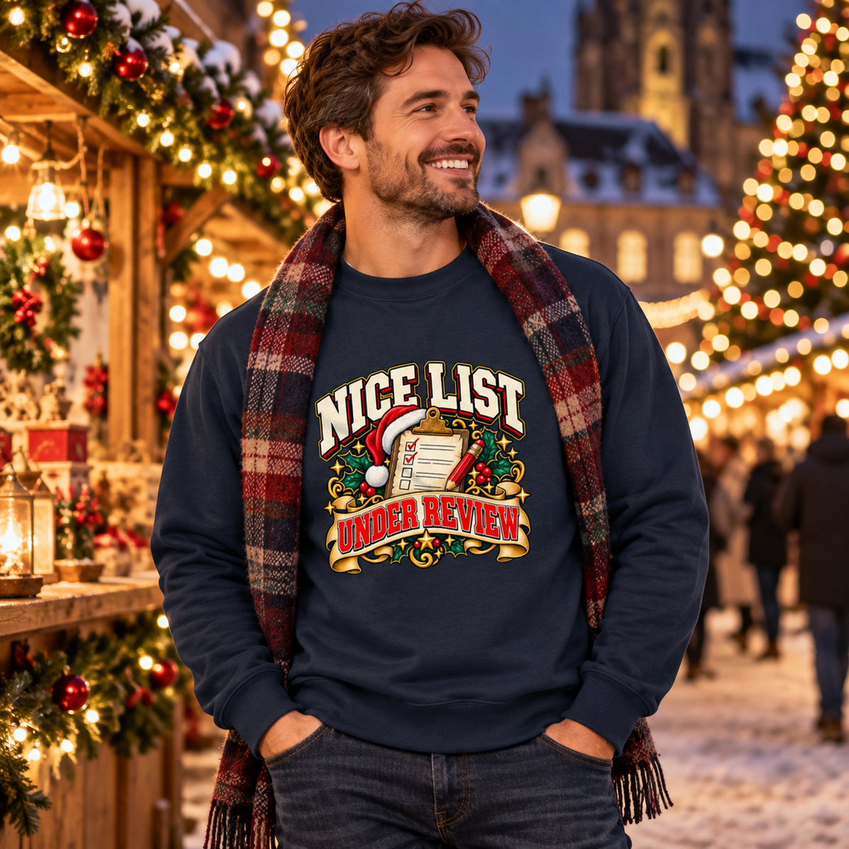 Nice List Under Review Mens Christmas Sweatshirt in New French Navy – men's Christmas sweatshirt lifestyle photo
