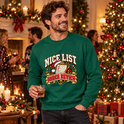 Nice List Under Review Mens Christmas Sweatshirt in Rainforest Green – men's Christmas sweatshirt lifestyle photo