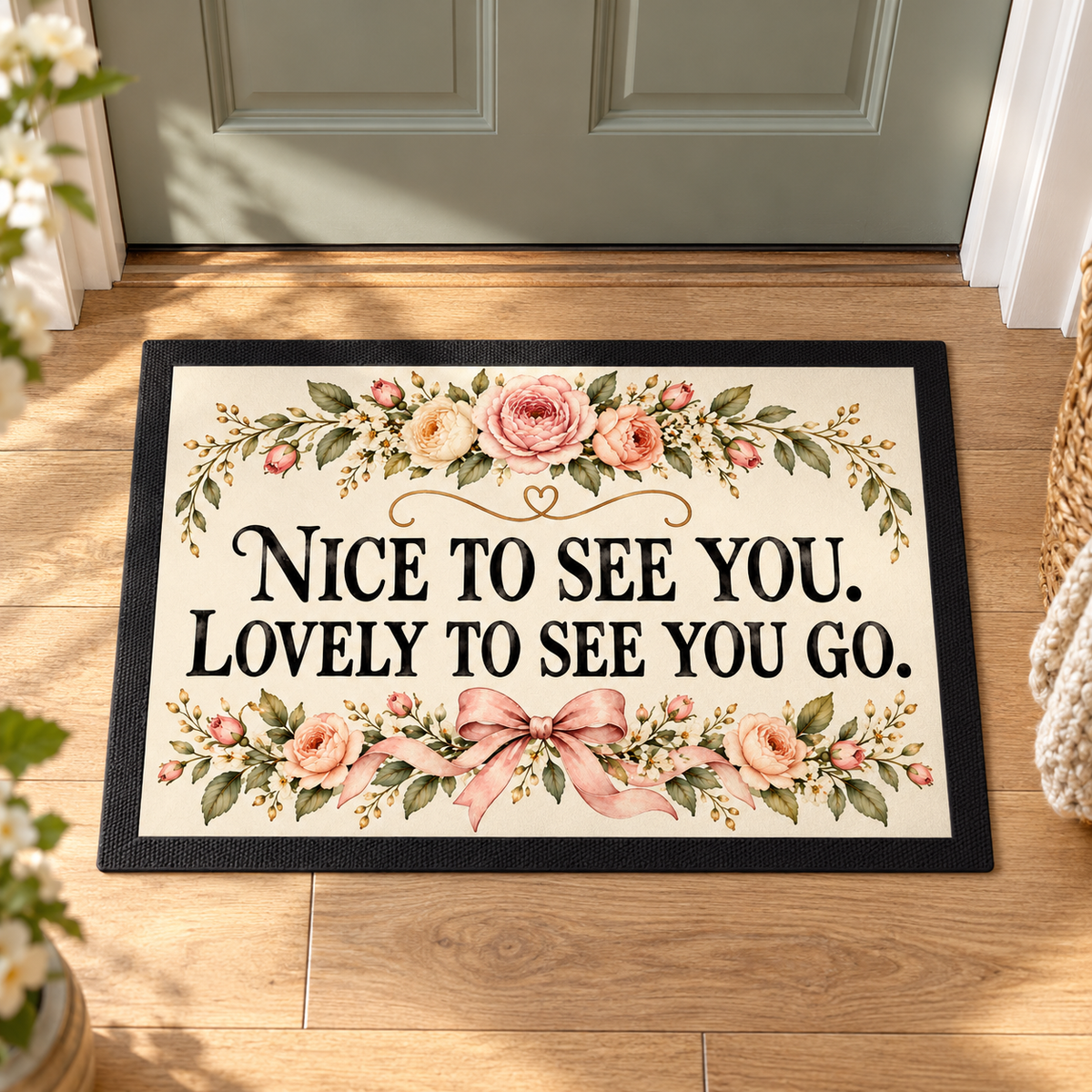 Nice to See You, Lovely to See You Go Floral Doormat in a styled lifestyle setting