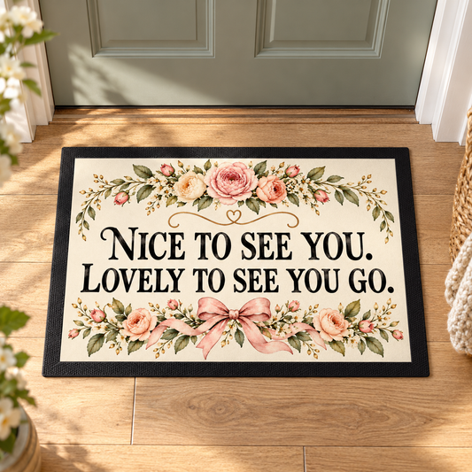 Nice to See You, Lovely to See You Go Floral Doormat in a styled lifestyle setting