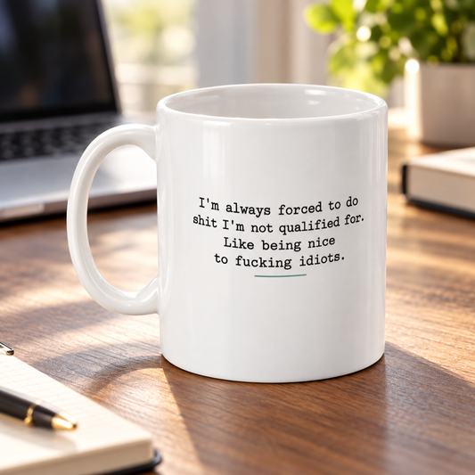 Not Qualified to Be Nice Funny Mug in a styled lifestyle setting