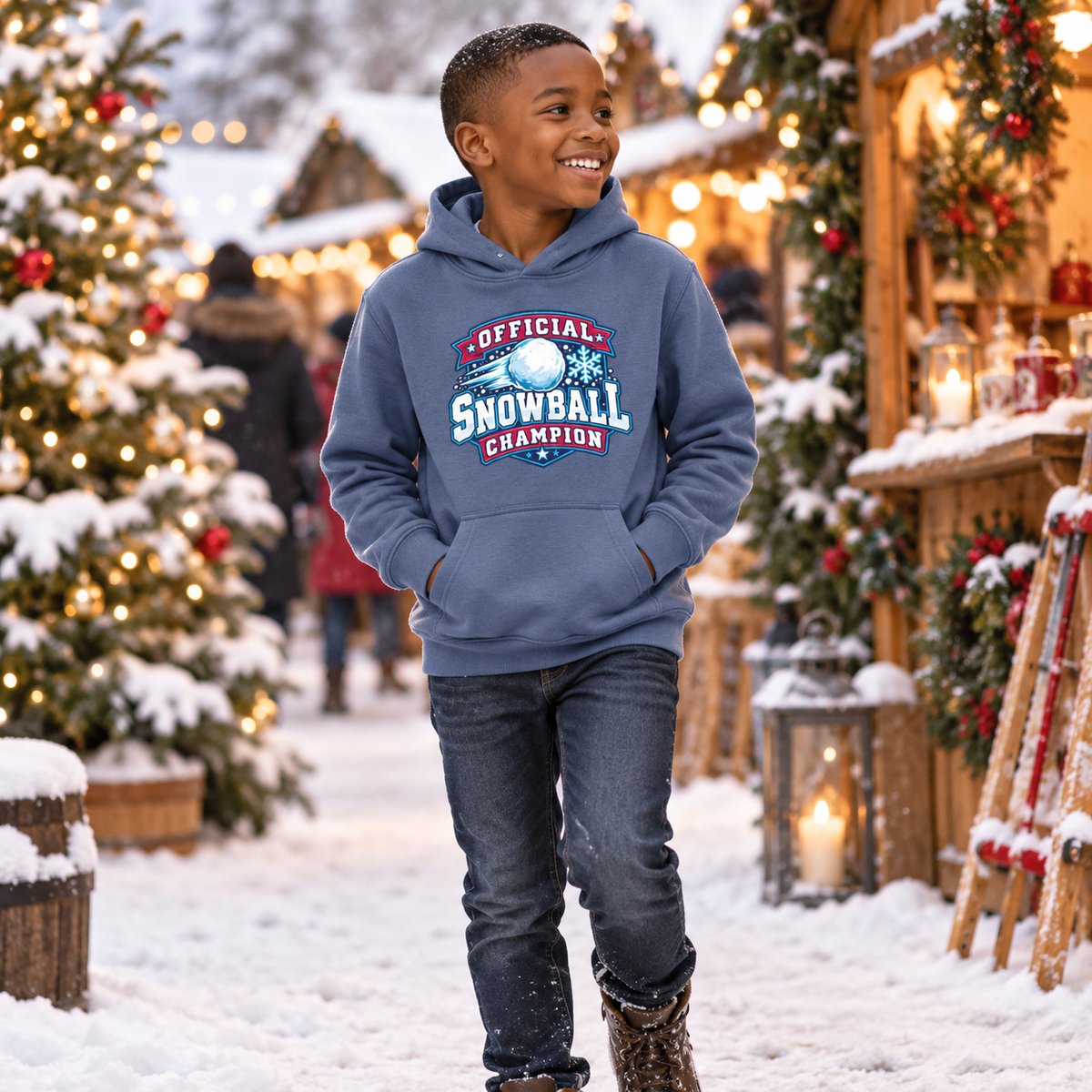Official Snowball Champion Boys Christmas Hoodie in Airforce Blue – boys' Christmas lifestyle photo