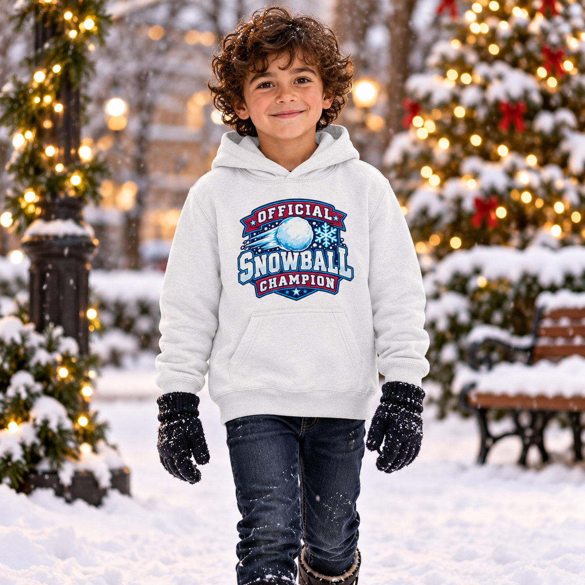 Official Snowball Champion Boys Christmas Hoodie in Arctic White – boys' Christmas lifestyle photo