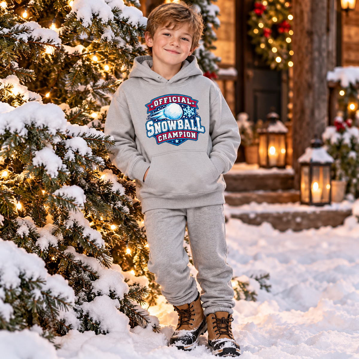 Official Snowball Champion Boys Christmas Hoodie in Heather Grey – boys' Christmas lifestyle photo