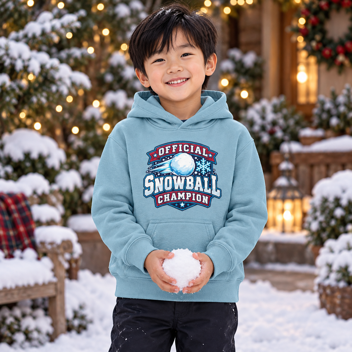 Official Snowball Champion Boys Christmas Hoodie in Ice Blue – boys' Christmas lifestyle photo