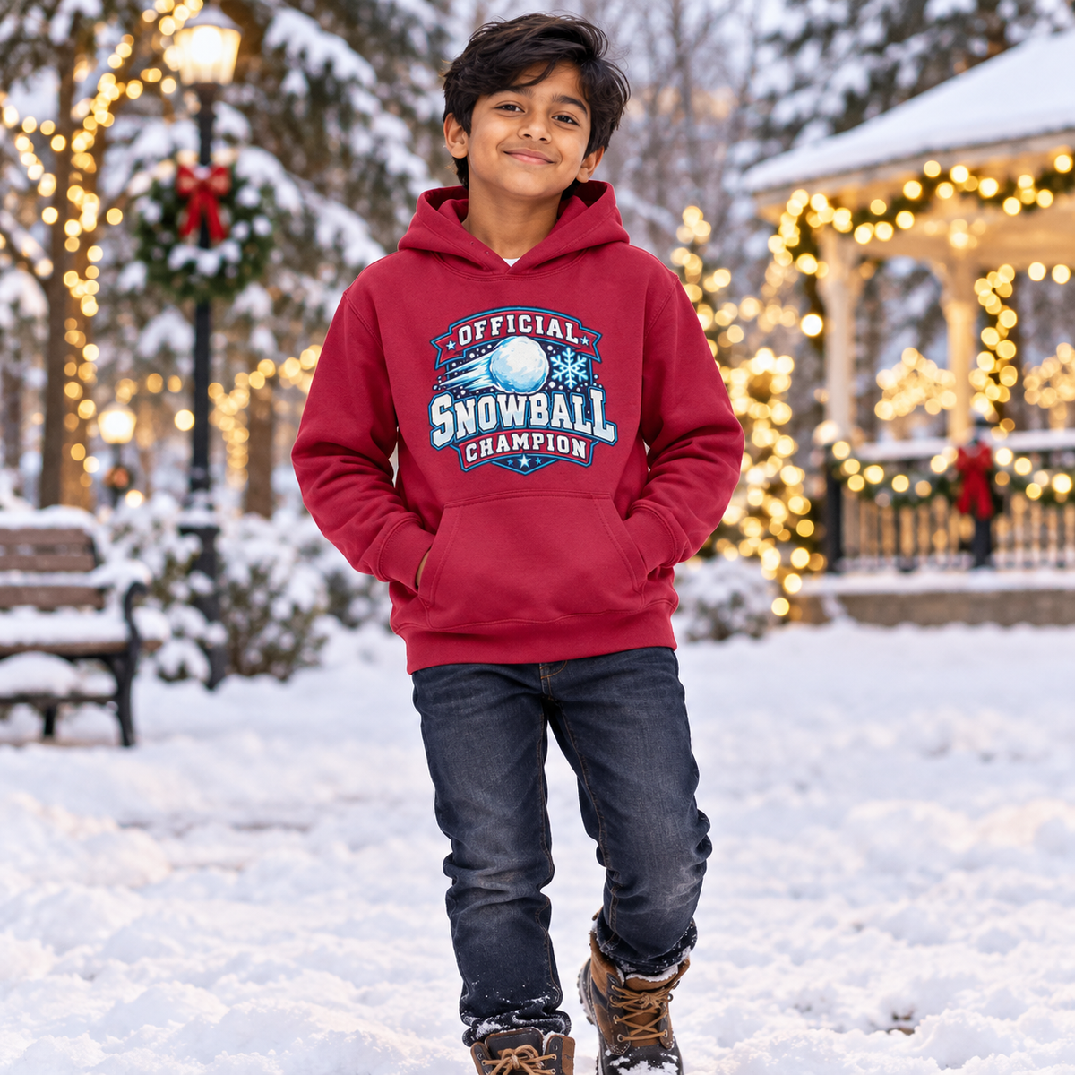 Official Snowball Champion Boys Christmas Hoodie in Red Hot Chilli – boys' Christmas lifestyle photo
