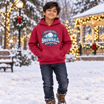 Official Snowball Champion Boys Christmas Hoodie in Red Hot Chilli – boys' Christmas lifestyle photo