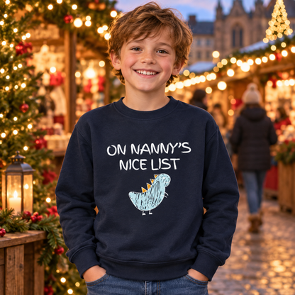 Child wearing New French Navy On Nanny's Nice List dinosaur Christmas jumper