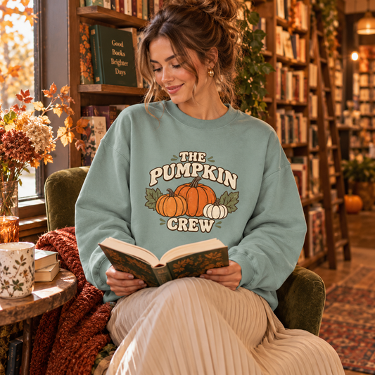 Dusty Green The Pumpkin Crew oversized sweatshirt while reading