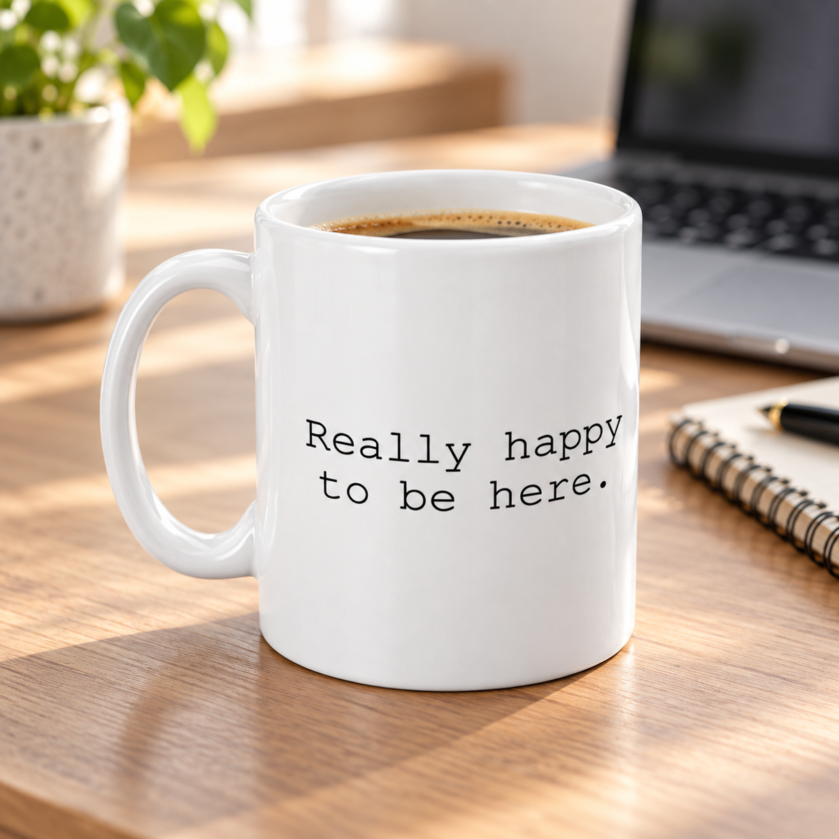 Really Happy to Be Here Sarcastic Mug in a styled lifestyle setting
