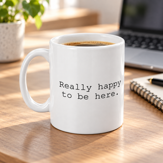 Really Happy to Be Here Sarcastic Mug in a styled lifestyle setting