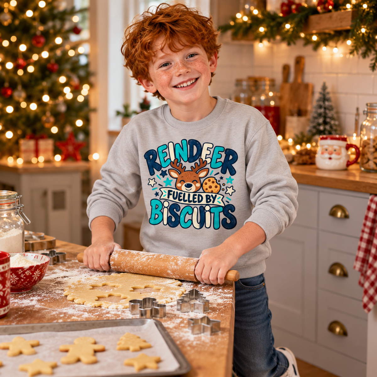 Reindeer fuelled by biscuits Boys Christmas Sweatshirt in Heather Grey – boys' Christmas lifestyle photo