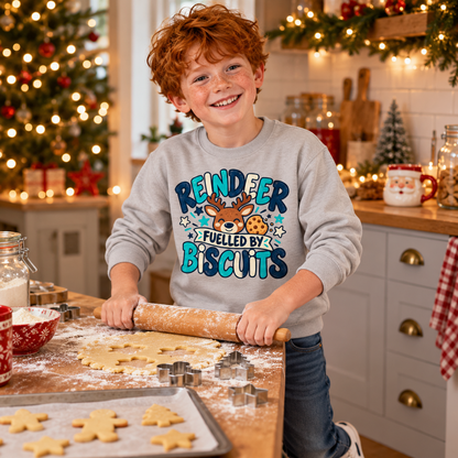 Reindeer fuelled by biscuits Boys Christmas Sweatshirt in Heather Grey – boys' Christmas lifestyle photo