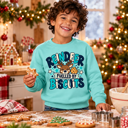 Reindeer fuelled by biscuits Boys Christmas Sweatshirt in Peppermint – boys' Christmas lifestyle photo