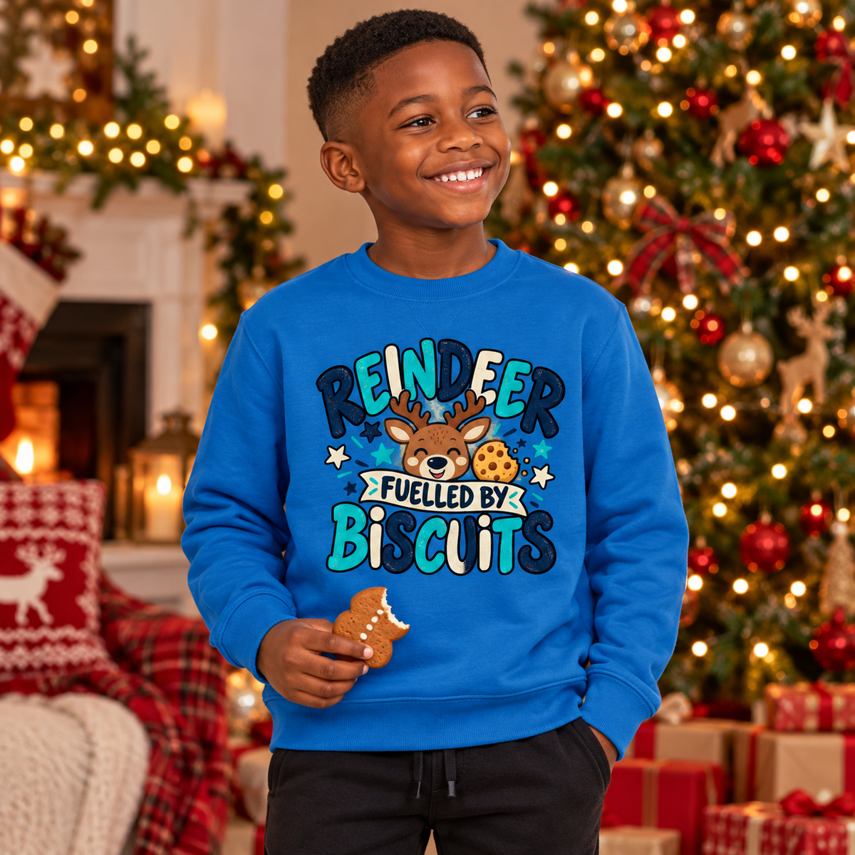Reindeer fuelled by biscuits Boys Christmas Sweatshirt in Sapphire Blue – boys' Christmas lifestyle photo