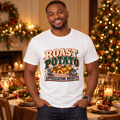 Man wearing Roast Potato Appreciation Society Men's Christmas T-Shirt in White in a festive lifestyle setting