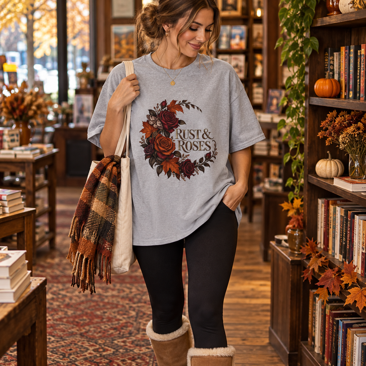Rust & Roses Women's Autumn T-Shirt in Sports Grey, seasonal lifestyle photo