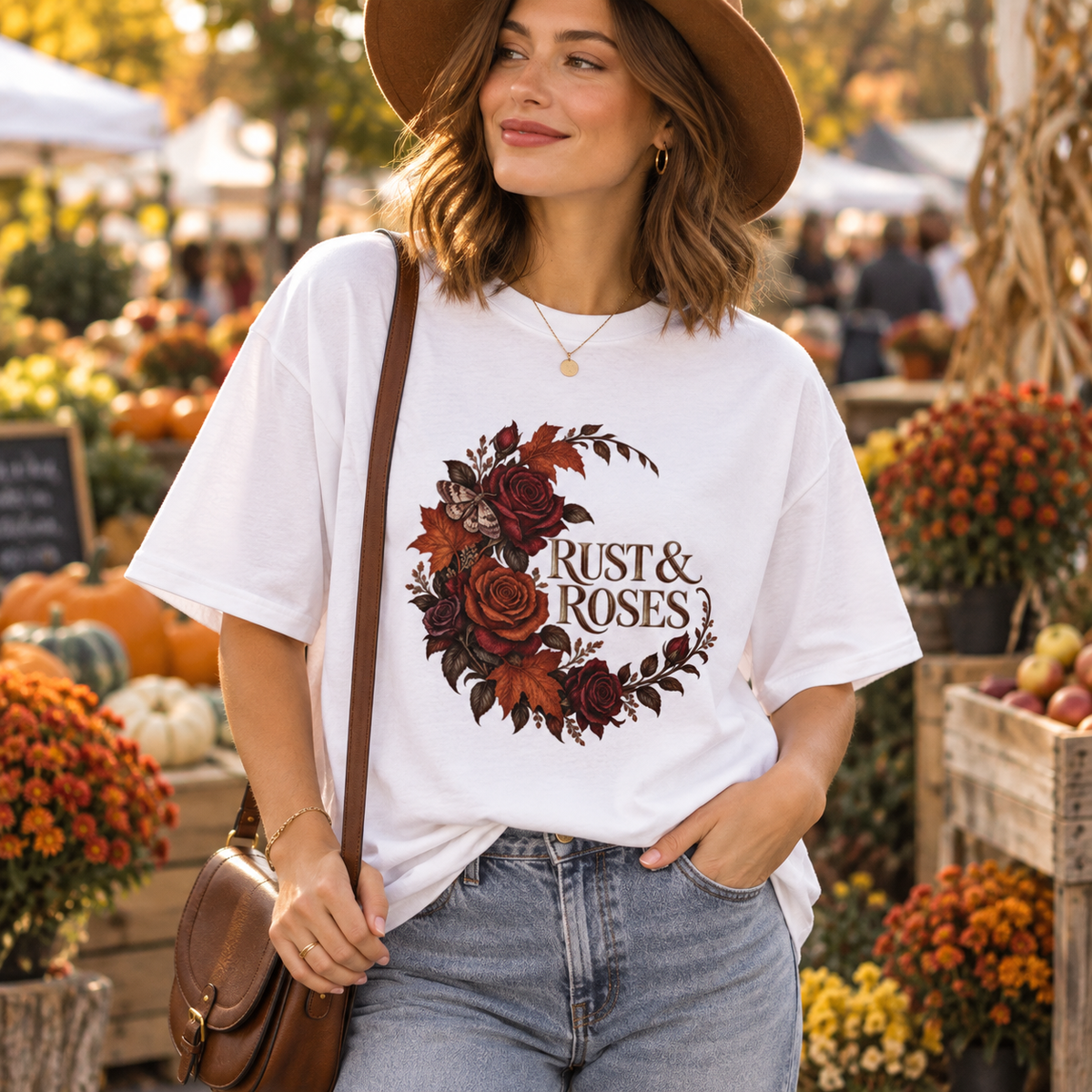 Rust & Roses Women's Autumn T-Shirt in White, seasonal lifestyle photo