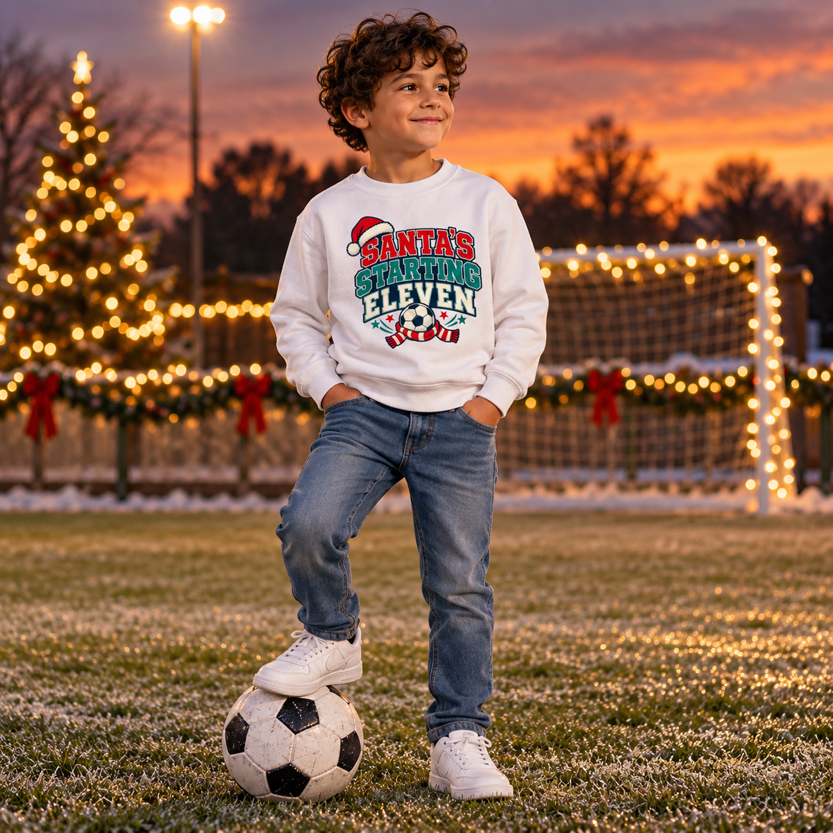 Santa s Starting Eleven Football Boys Christmas Sweatshirt in Arctic White – boys' Christmas lifestyle photo