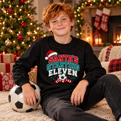Santa s Starting Eleven Football Boys Christmas Sweatshirt in Deep Black – boys' Christmas lifestyle photo