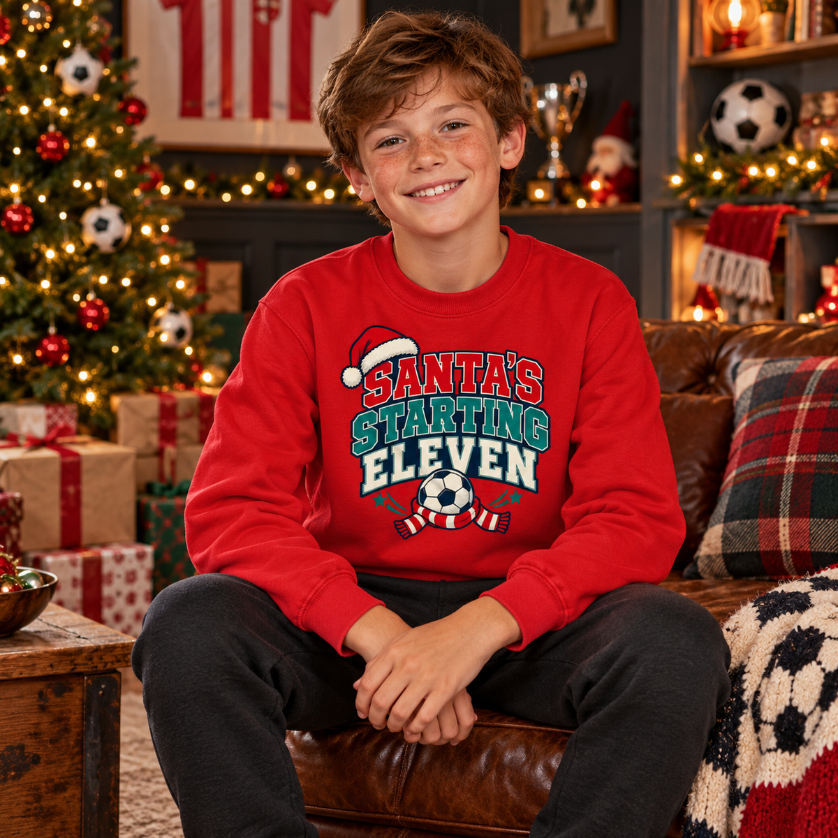 Santa s Starting Eleven Football Boys Christmas Sweatshirt in Fire Red – boys' Christmas lifestyle photo