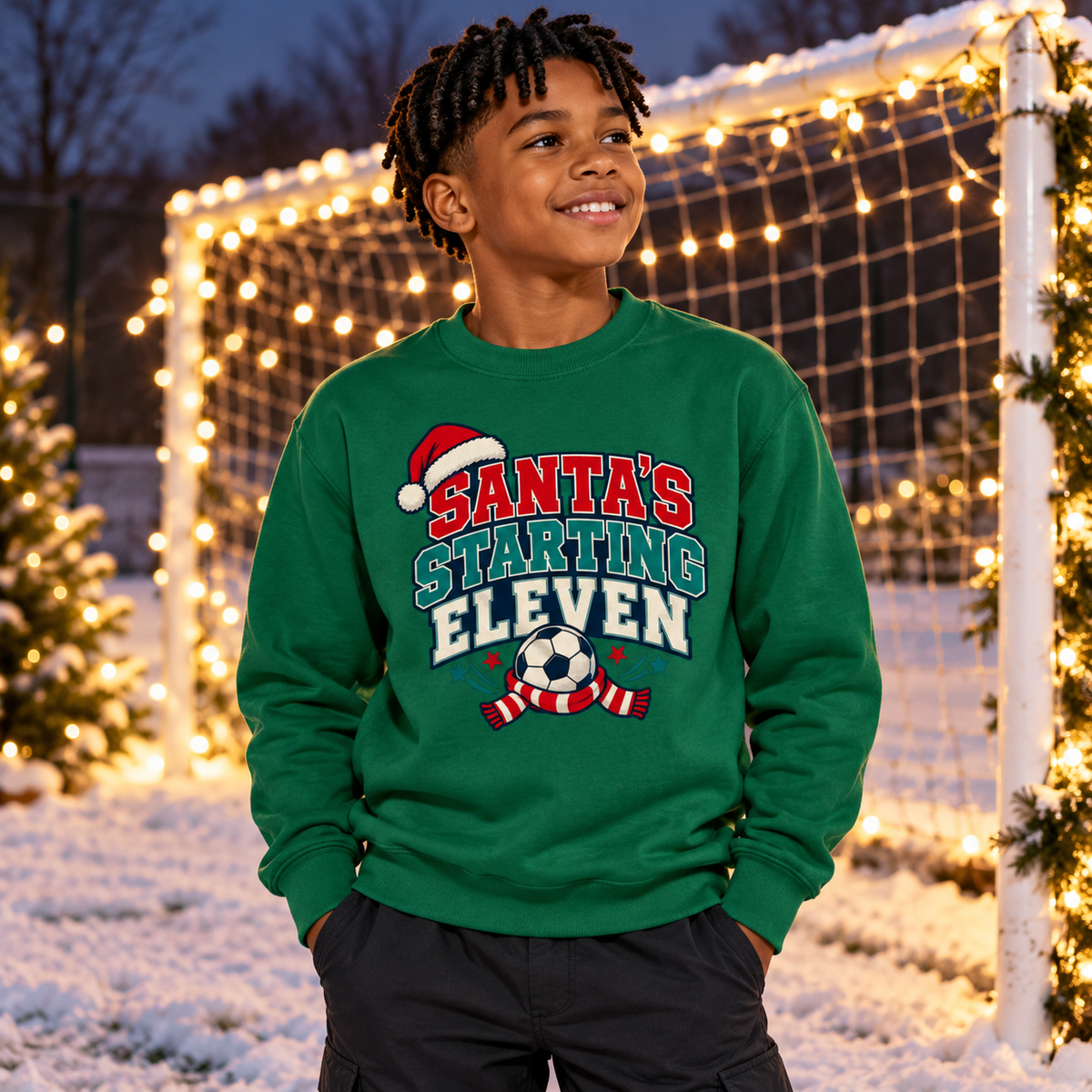 Santa s Starting Eleven Football Boys Christmas Sweatshirt in Rainforest Green – boys' Christmas lifestyle photo