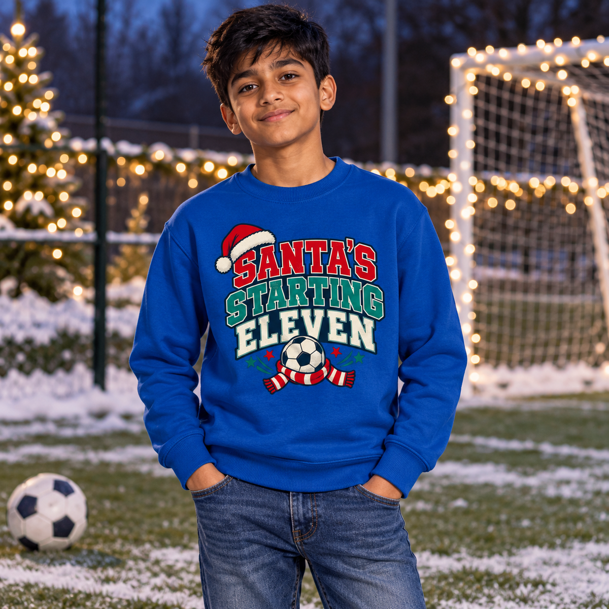 Santa s Starting Eleven Football Boys Christmas Sweatshirt in Royal Blue – boys' Christmas lifestyle photo
