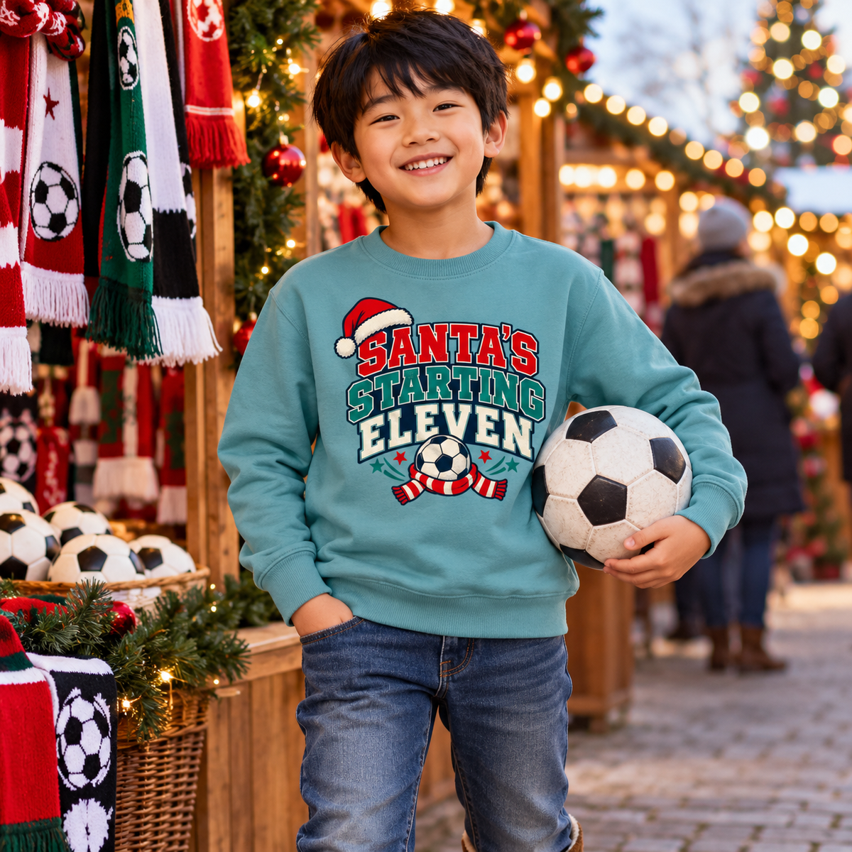 Santa s Starting Eleven Football Boys Christmas Sweatshirt in Seafoam – boys' Christmas lifestyle photo